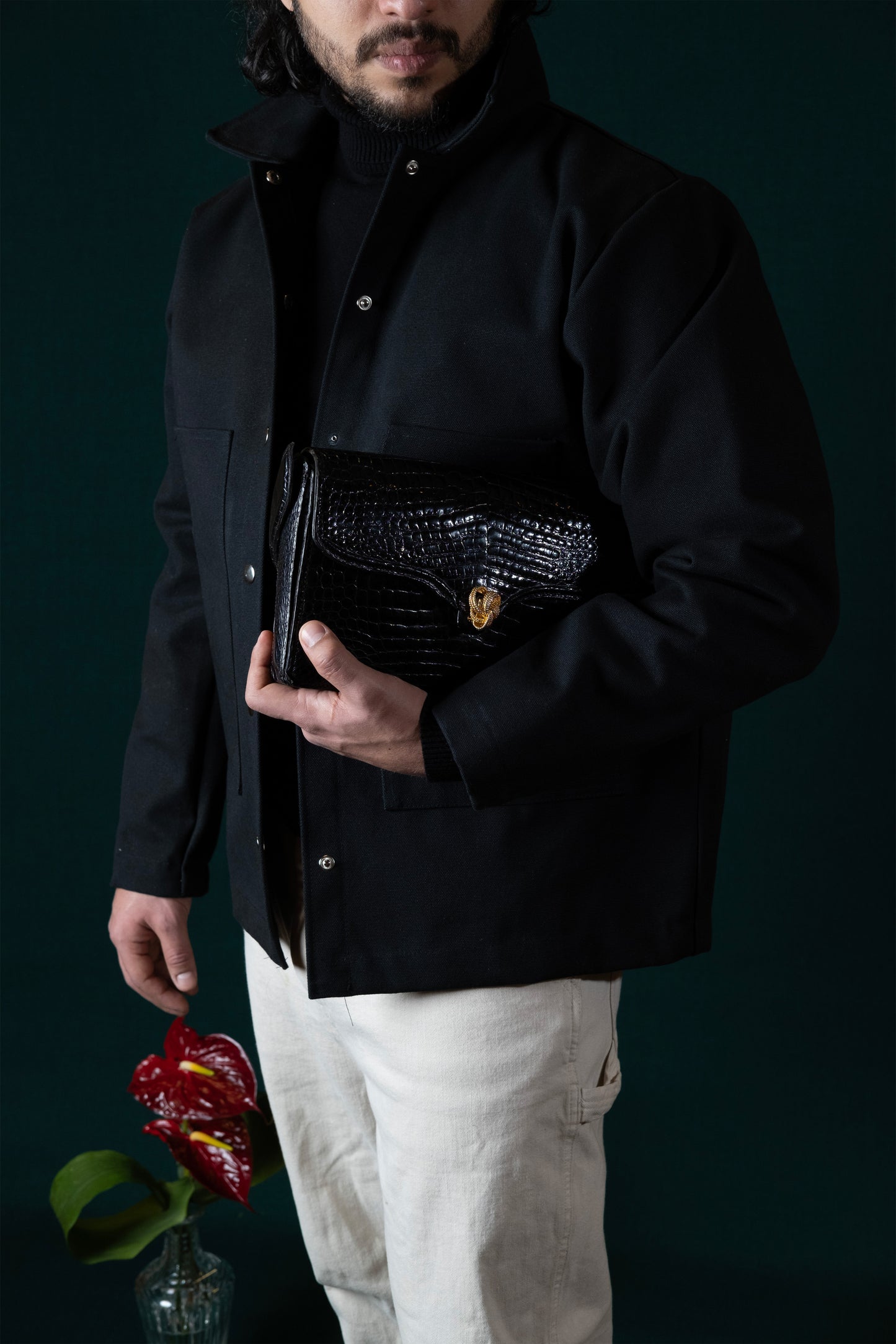La Bolsa Vintage Black Crocodile Top Handle