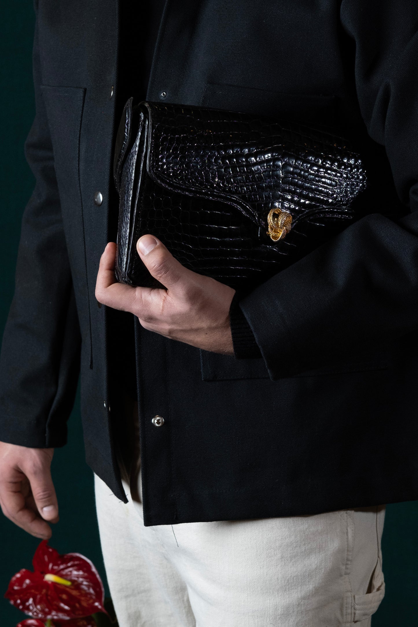 La Bolsa Vintage Black Crocodile Top Handle